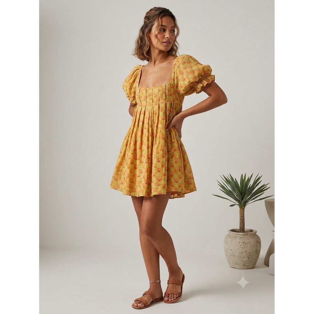 Cute Puff‎ Sleeve Mini Dress Orange Green Checkered Floral Print Square Neck XS